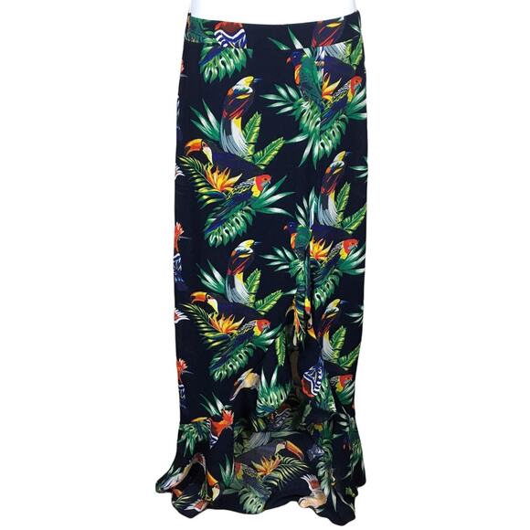 Last Girl Maxi Skirt Ruffle Tropical Toucan Rainforest Womens M Navy Multi-Color - Picture 1 of 7